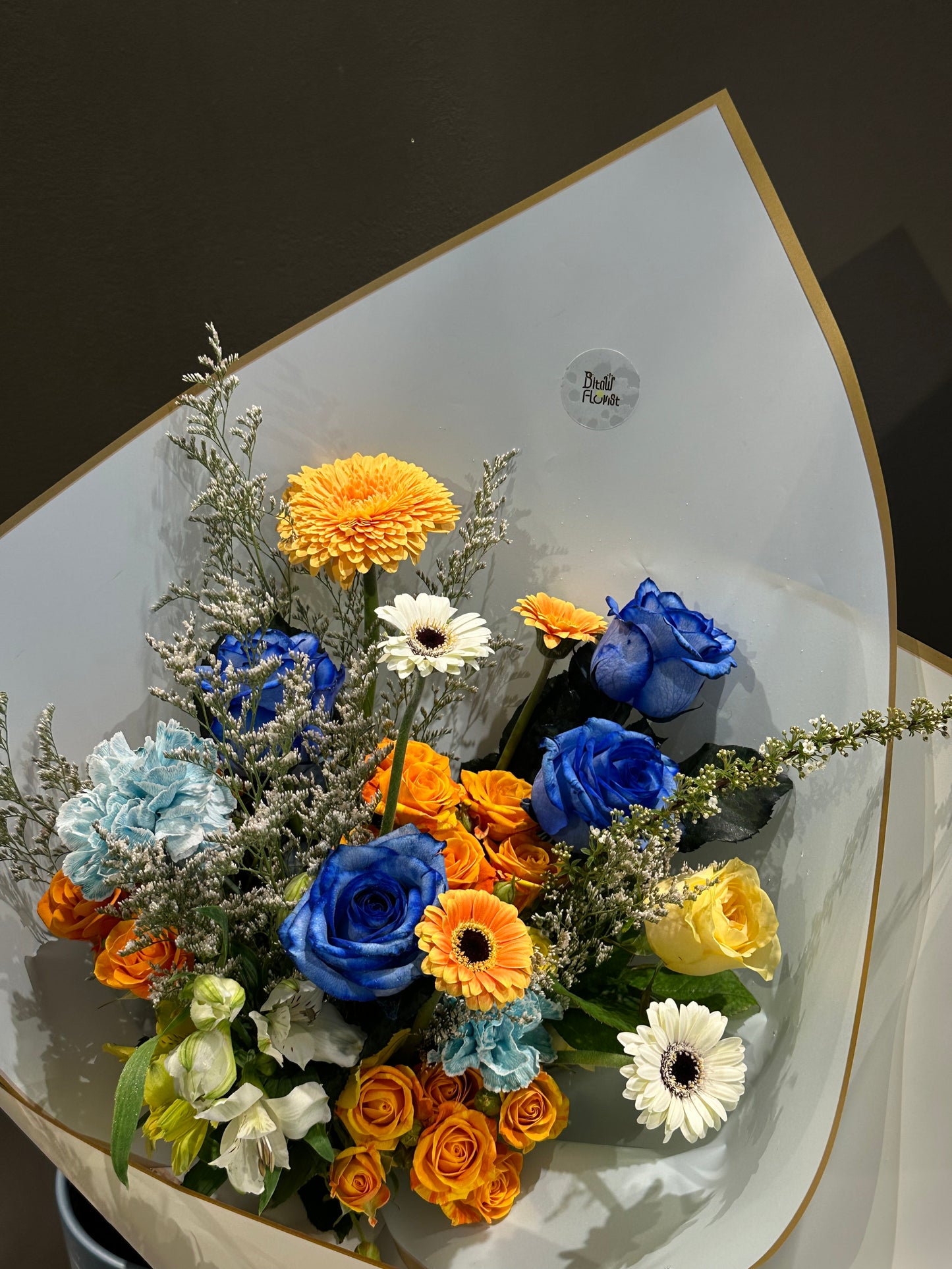 Orange & Blue Floral Arrangement | Boyfriend Gift & Baby Shower Flowers | Modern Floral Design