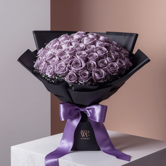 52 Purple Roses Bouquet | Luxury Black Wrap | Premium Floral Design